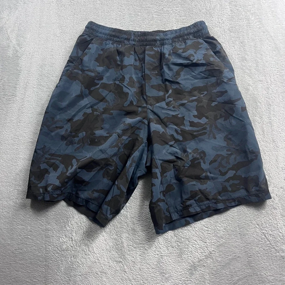 Lululemon Pace Breaker Linerless Shorts Mens Blue Camo 7 Inch Workout Running